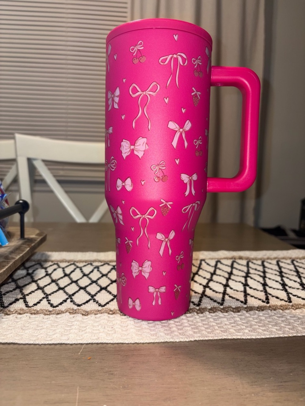 Hot Pink Bow-Print Travel Mug with Handle